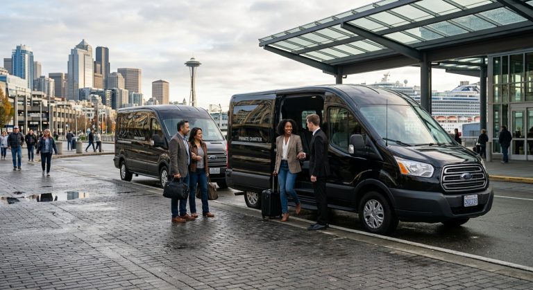Cruise passengers stepping out of a comfortable chauffeured van at the terminal.
